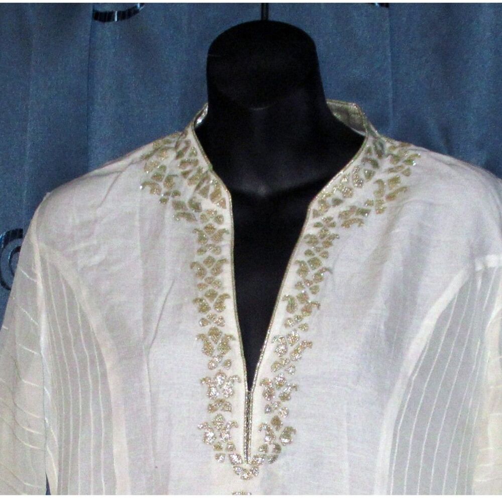 'Bella Tu' Boho Ivory Embellished Tunic ✨ Gold Sequin Sheer Kurta Top - Picture 4 of 7